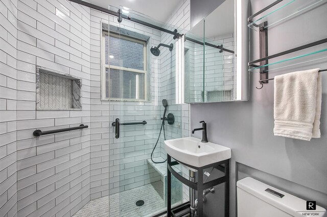 bathroom featuring toilet, sink, and walk in shower