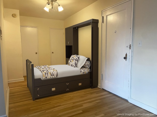 bedroom featuring light wood-style flooring and multiple closets