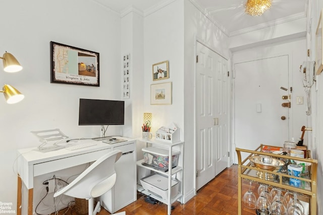 office featuring crown molding and dark parquet floors