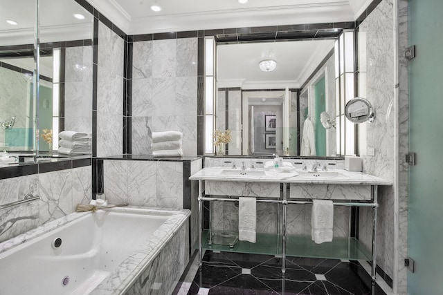 2 E 55th St Unit 901, New York City, NY 10022 - bathroom with tiled tub, crown molding, and vanity