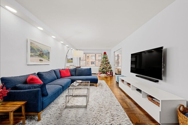 living room with dark parquet flooring