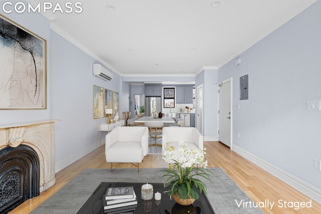 living room featuring crown molding, a wall mounted air conditioner, electric panel, and hardwood / wood-style flooring