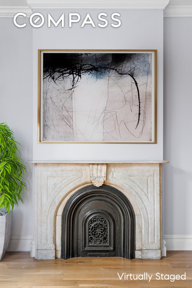 details featuring ornamental molding, a fireplace, wood finished floors, and baseboards