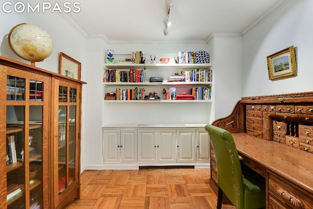 office area with crown molding, rail lighting, and light parquet floors