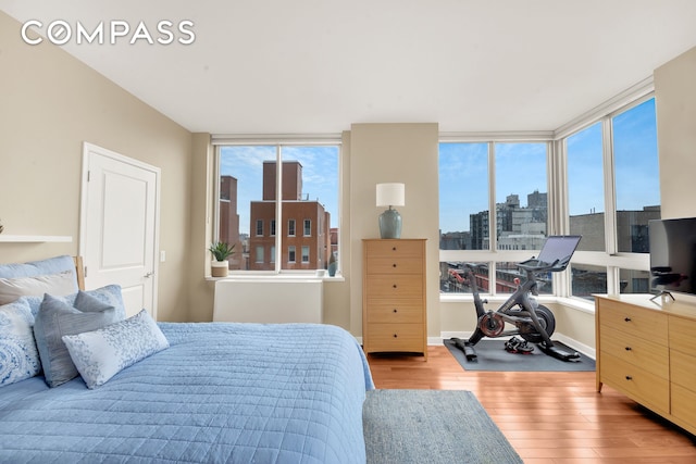 bedroom with multiple windows, baseboards, and wood finished floors