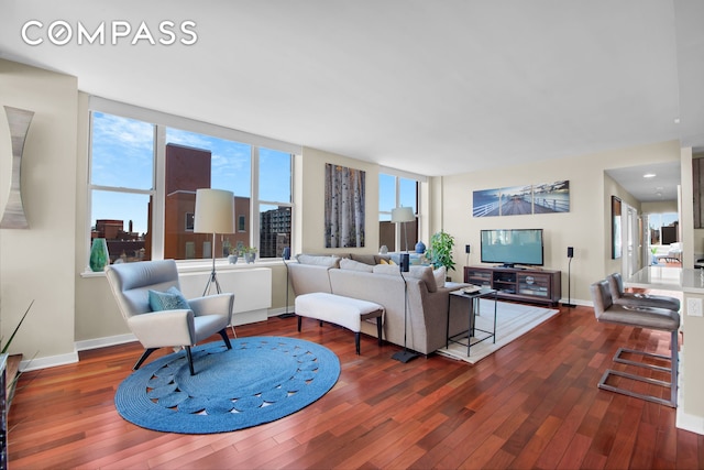 living room with baseboards and wood finished floors