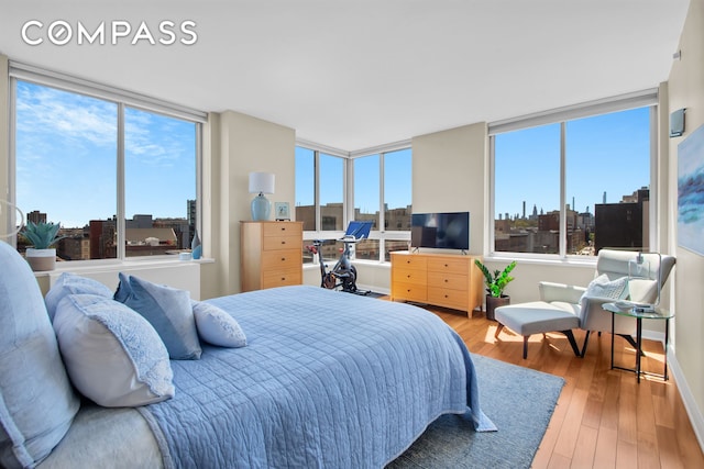 bedroom with multiple windows, baseboards, and hardwood / wood-style floors