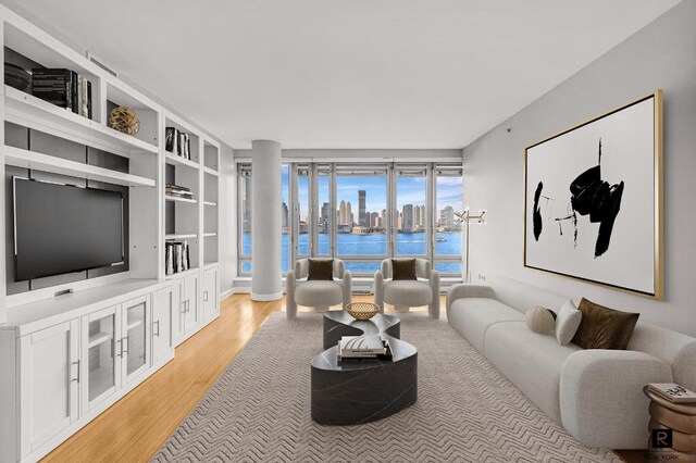 living room featuring a water view, light wood-type flooring, and built in shelves