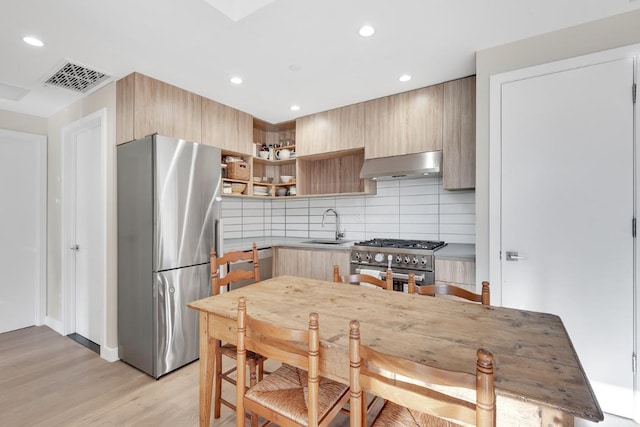 kitchen featuring sink, ventilation hood, light hardwood / wood-style flooring, appliances with stainless steel finishes, and decorative backsplash