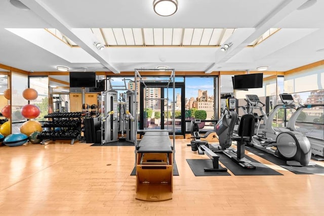 workout area featuring a wall of windows and light hardwood / wood-style floors