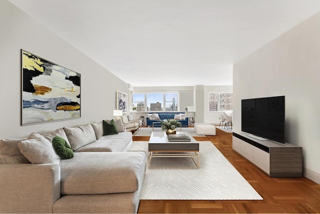 living room with parquet floors