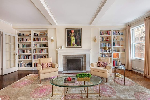 sitting room featuring ornamental molding, dark hardwood / wood-style floors, beam ceiling, and built in shelves