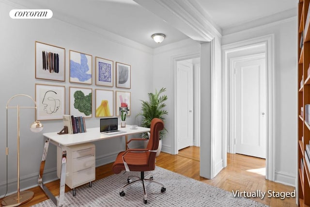 home office featuring crown molding and light hardwood / wood-style floors