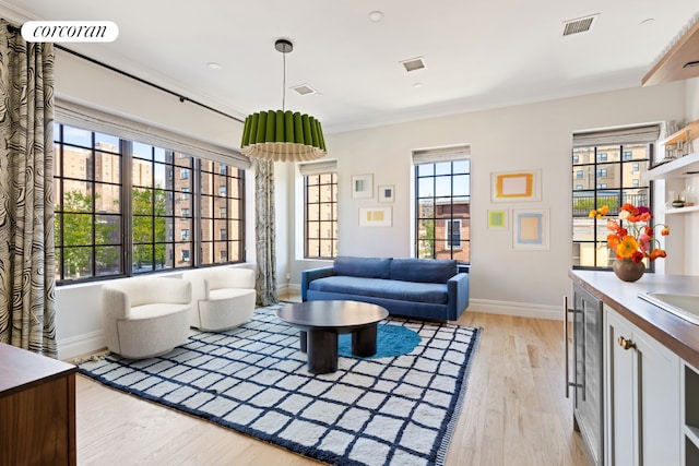 living room with crown molding and light hardwood / wood-style flooring