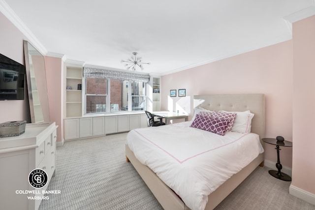 bedroom with ornamental molding and light colored carpet