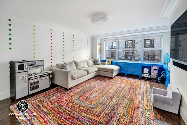 living room with crown molding and wood-type flooring