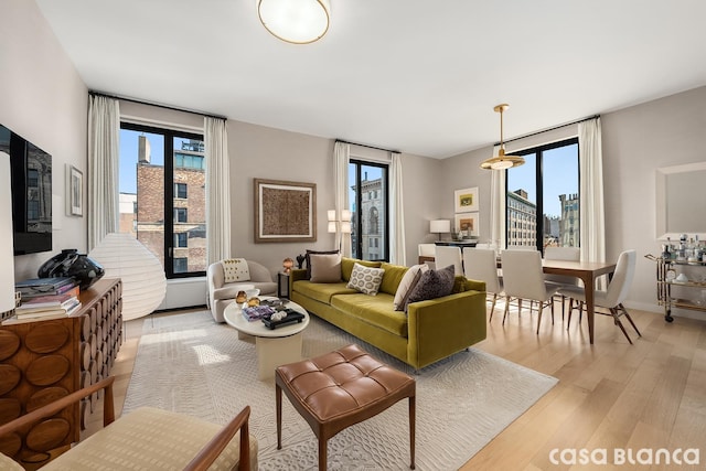 living room featuring light wood-type flooring and a city view