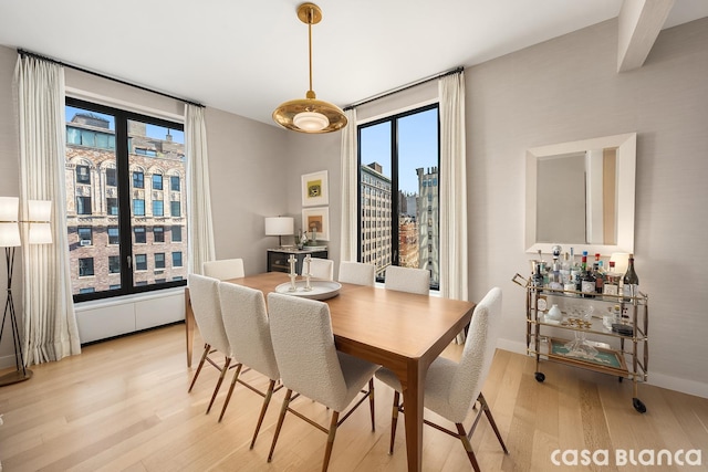 dining room featuring a view of city, light wood-style flooring, and a wealth of natural light