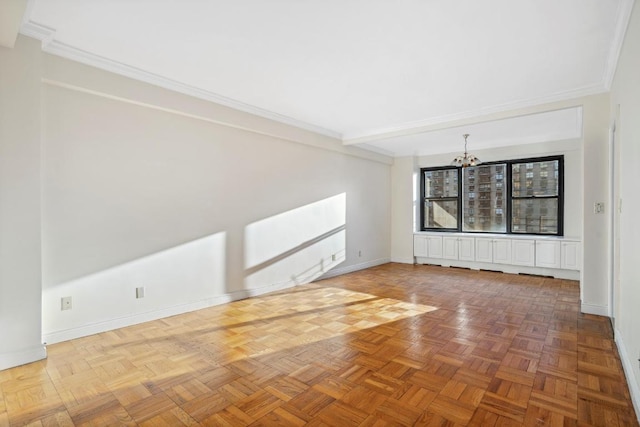 unfurnished living room featuring crown molding, parquet flooring, and a chandelier