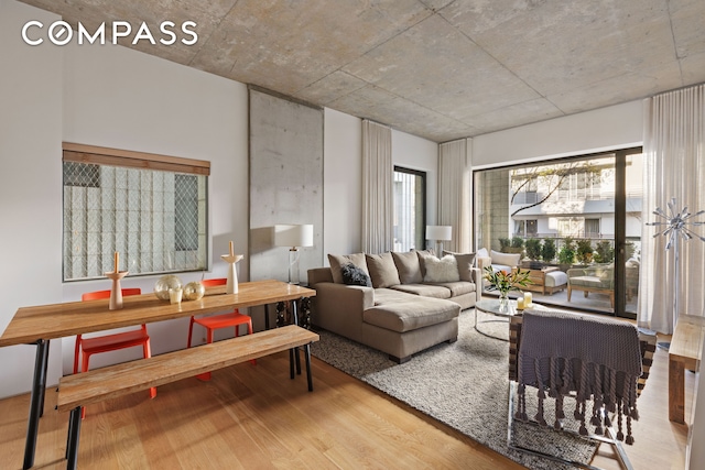 living area with plenty of natural light and wood finished floors