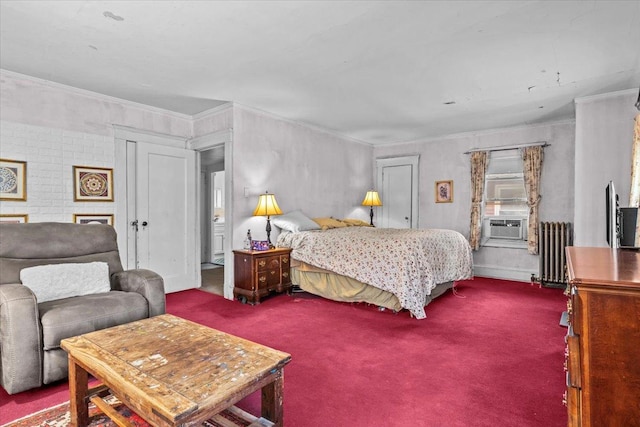 carpeted bedroom featuring ornamental molding and radiator