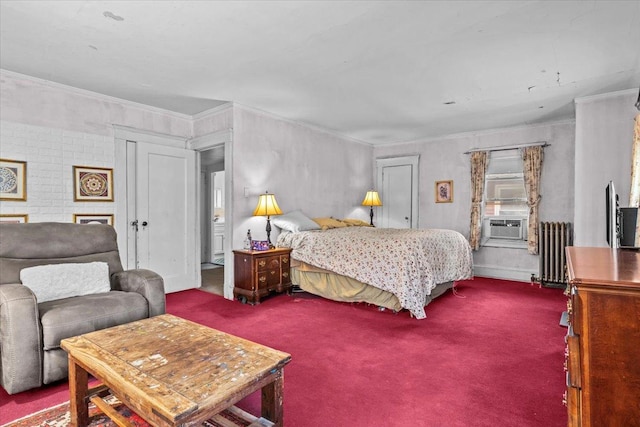 carpeted bedroom with ornamental molding and radiator