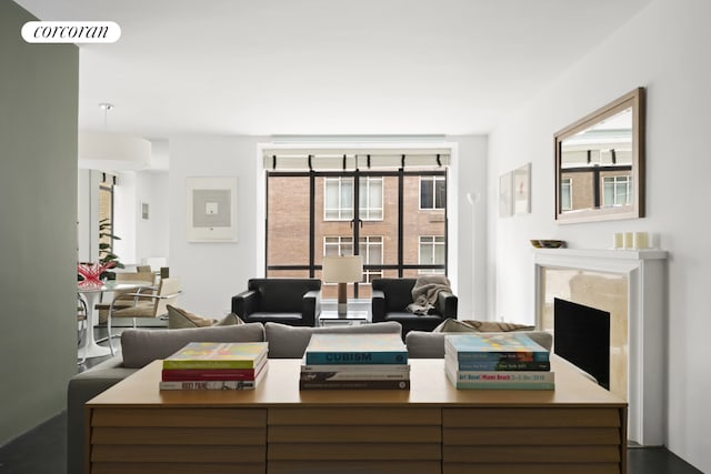 living room featuring a fireplace and plenty of natural light