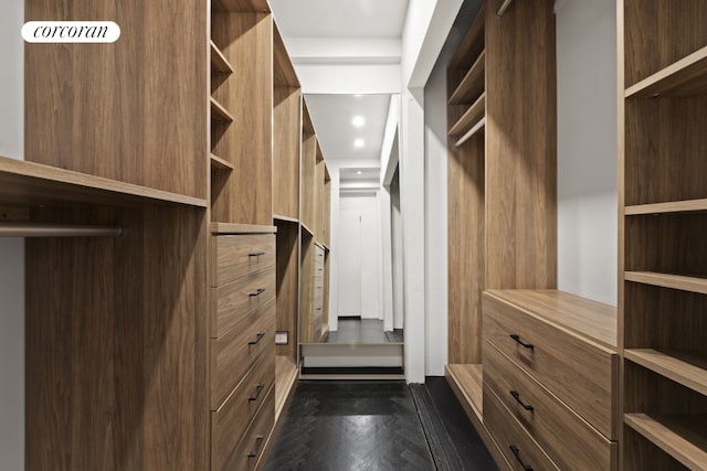 spacious closet featuring dark parquet floors