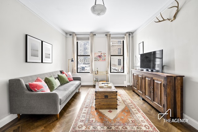 living area featuring baseboards, crown molding, and radiator