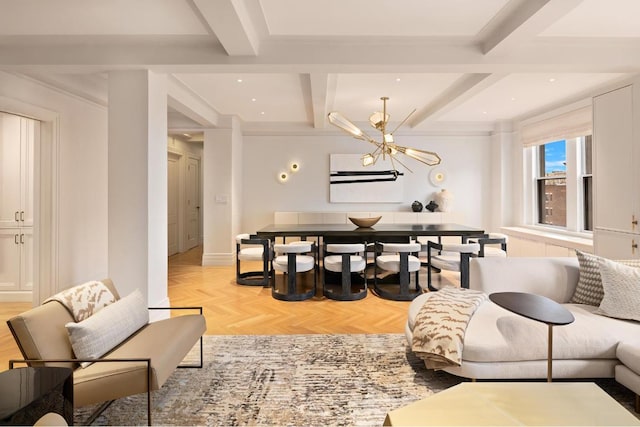 dining area featuring light parquet flooring, coffered ceiling, an inviting chandelier, and beam ceiling