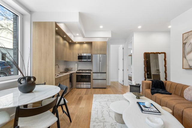 interior space with appliances with stainless steel finishes, sink, and light hardwood / wood-style flooring