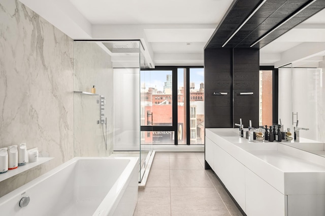 bathroom with a shower, a view of city, a sink, a tub, and tile patterned flooring