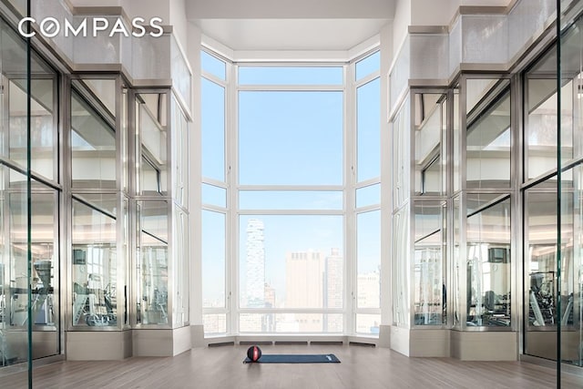 gym featuring a high ceiling, wood finished floors, and floor to ceiling windows