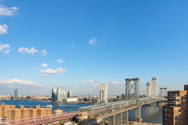 water view featuring a notable bridge and nearby urban area