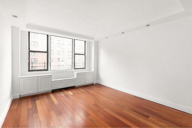 unfurnished room with a raised ceiling and light hardwood / wood-style flooring