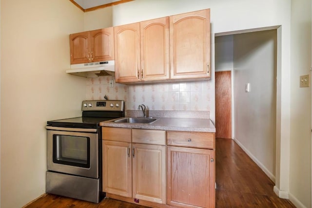 kitchen featuring light brown cabinetry, sink, dark hardwood / wood-style flooring, decorative backsplash, and electric stove