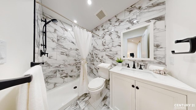 bathroom with a shower with curtain, vanity, toilet, and tile walls