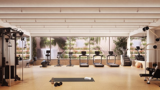 323 Bergen St Unit 119E, New York City, NY 11217 - gym with beam ceiling