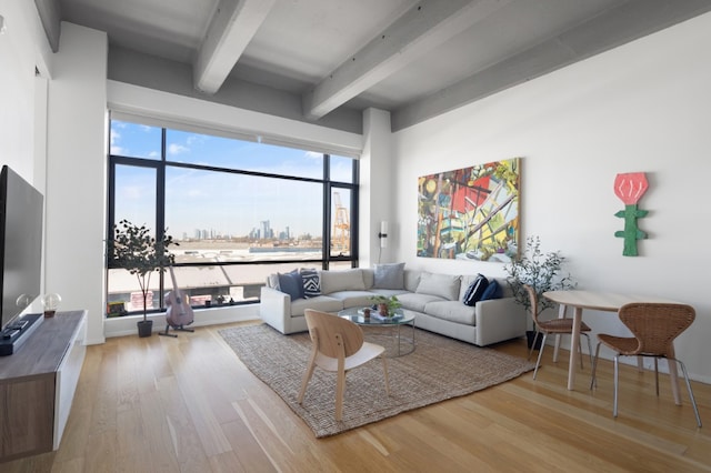 living room with beamed ceiling, a wealth of natural light, and light hardwood / wood-style flooring