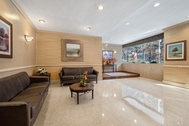 122 Ashland Pl Unit 3D, New York City, NY 11201 - lobby featuring wallpapered walls, ornamental molding, recessed lighting, and wainscoting
