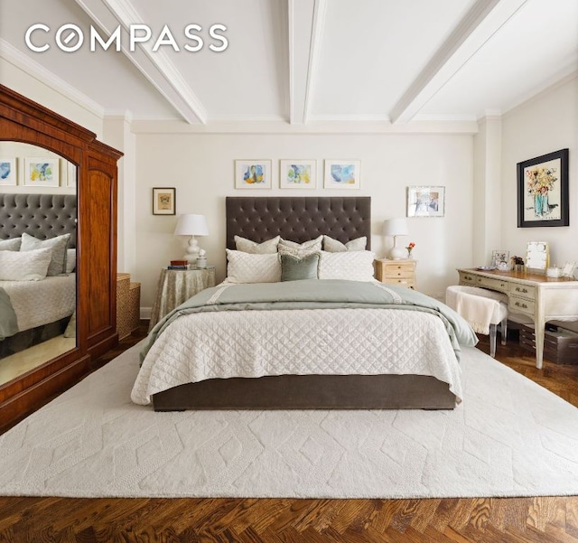 bedroom with dark parquet floors, ornamental molding, and beamed ceiling