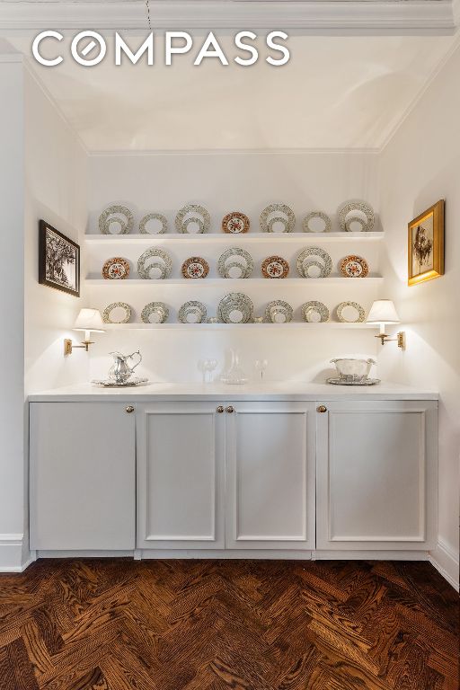 bathroom with parquet flooring