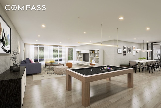 recreation room featuring recessed lighting, wood finished floors, and billiards