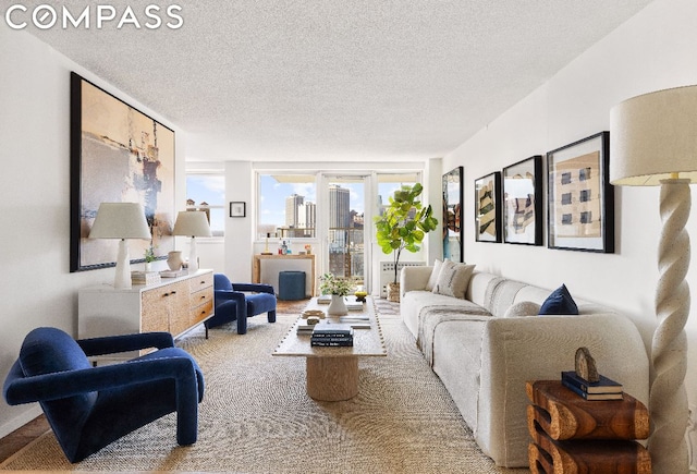 living room with a textured ceiling