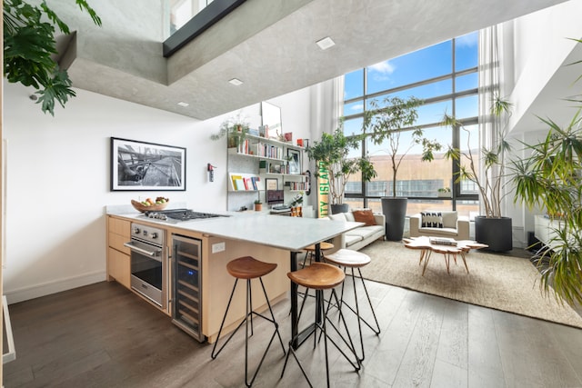 kitchen with appliances with stainless steel finishes, wine cooler, a kitchen breakfast bar, kitchen peninsula, and dark wood-type flooring