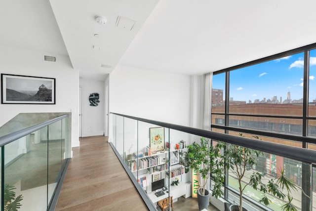 hall with light wood-type flooring, a wall of windows, and a wealth of natural light