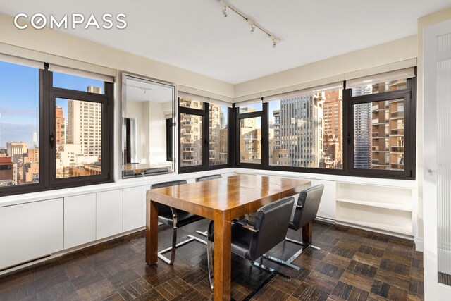 sunroom with rail lighting and a wealth of natural light