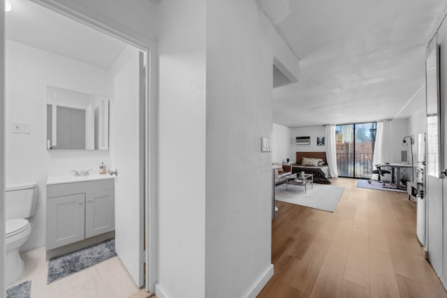 hallway featuring expansive windows, a wall unit AC, sink, and light wood-type flooring