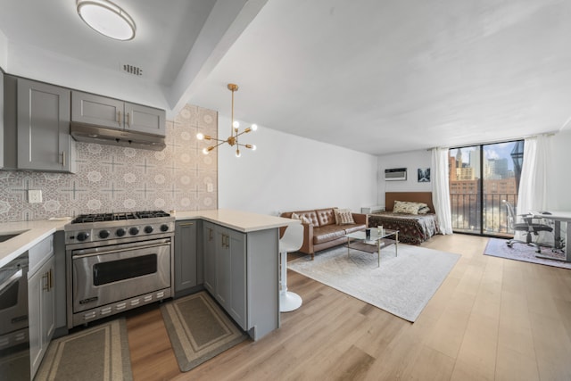 kitchen with premium range, light hardwood / wood-style flooring, gray cabinets, decorative backsplash, and kitchen peninsula