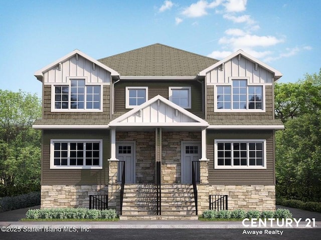 craftsman house with board and batten siding, stone siding, and a shingled roof